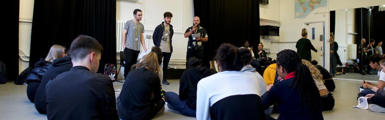 Voicebox drama workshop with young people in a theatre studio