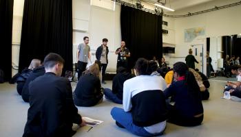 Voicebox drama workshop with young people in a theatre studio